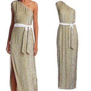 Retrofete | Dresses | Retrofete Thalia Pleated Metallic Halter Side Slit  Drop Waist Maxi Dress | Poshmark